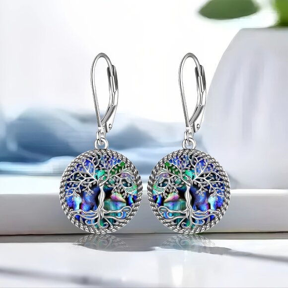 925 Sterling Silver Tree Of Life Earrings Tree Of Life Abalone Shell - Picture 5 of 7
